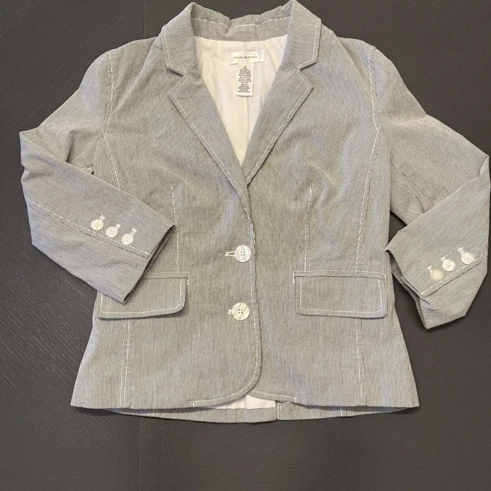 Womens Business Office Pinstripe Blazer Jacket Isaac Mizrahi Grey S 3/4 Sleeve